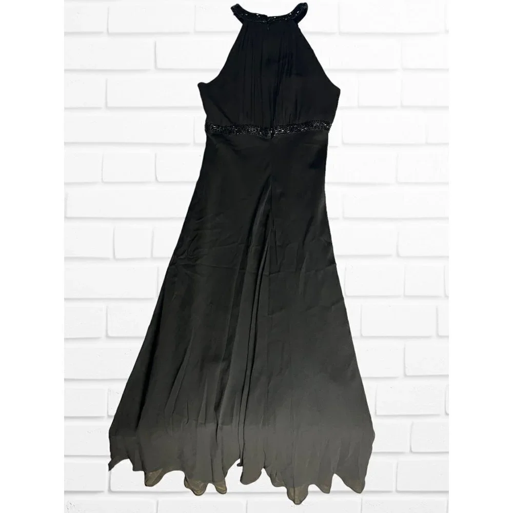 Jones‎ New York Dress Women's Sz 8 Black Formal Midi Beaded 100% Silk Halter